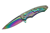 Howling Wolf Rainbow Assisted Cool Pocket Knife For Sale Open View (300403-RB)