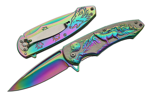Howling Wolf Rainbow Assisted Cool Pocket Knife For Sale (300403-RB)