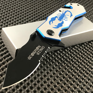 8" Scorpion Sting Blue & Silver Assisted Pocket Knife in its Open Form