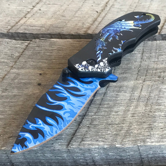Opened 8” Breathing Fire Blue Dragon & Skulls Fantasy Folding EDC Pocket Knife