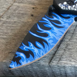 Fantasy pocket knife's drop point blade with dragon's blue breathing fire design