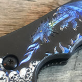 8” Breathing Fire Blue Dragon & Skulls Fantasy Folding EDC Pocket Knife