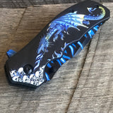 8” Breathing Fire Blue Dragon & Skulls Fantasy Folding EDC Pocket Knife in Closed/Folded Position