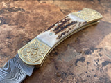 Handmade Damascus Steel Stag Engraved Bolster Folding Knife