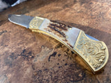 Handmade Damascus Steel Stag Engraved Bolster Folding Knife