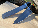 Two Damascus steel Kitchen Chef knives on a wooden surface with a natural outdoor background