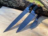 Three Damascus steel kitchen knives with wooden handles and Damascus steel blades on a wooden surface with a natural background