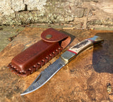 Damascus Folding Stag Handle Pocket Knife w/ Filework - Frontier Blades