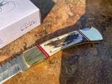 Damascus Folding Stag Handle Pocket Knife w/ Filework - Frontier Blades