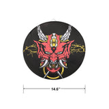 Japanese Red Oni Mask Perfect Point Kunai Thrower's target board with a red oni-mask face design and measurements on a white background