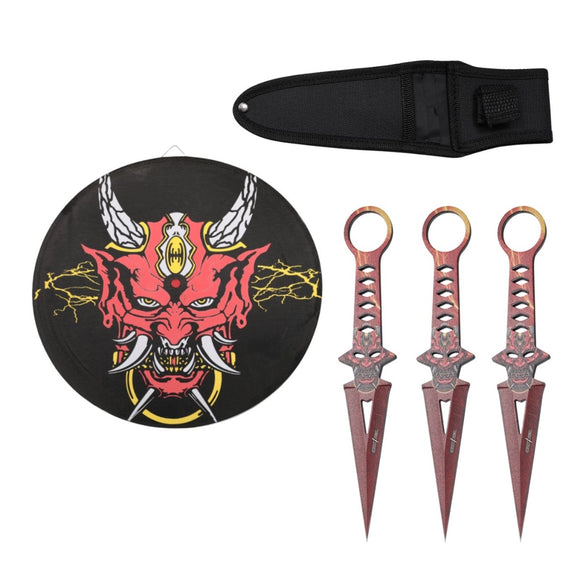 Set of three Japanese Red Oni Mask Perfect Point Kunai thrower knives with a red oni-mask face design and a black nylon sheath on a white background