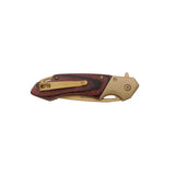Folded MTech gold and wood pocket knife showing gold pocket clip and stainless steel bolster.