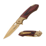 MTech USA MT-A2019GD spring assisted knife with gold blade and red wood handle with gold bolster