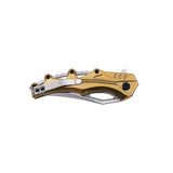  "Closed MTech gold pocket knife showing skeletal handle design and pocket clip."