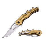 "MTech MT-A2027GD open knife with silver blade and gold stainless steel handle."
