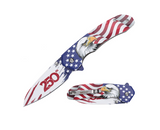 MTech USA 250th Anniversary spring assisted knife with red 250th logo on blade and eagle flag handle.