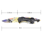 Folding knife with American flag design and measurements on a white background