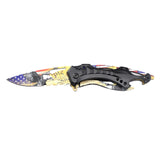 Folding knife with a USA Flag blade design on a white background