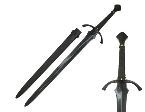 Two all black Witcher Medieval Fantasy swords with sheaths on a white background