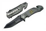 Spring-assisted folding pocket knife with 'Navy' engraving on a white background