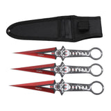 Set of three Perfect Point Kunai Japanese Oni Mask red and black throwing knives with oni mask design and a black sheath on a white background