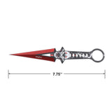 Perfect Point Kunai Japanese Oni Mask Throwing knife with red blade and silver oni mask design handle specifications on a white background