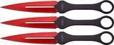 Three pairs of Perfect Point black-handled vibrant electro red-bladed kunai knives on a white background