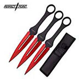 Three Perfect Point kunai throwing knives with vibrant red electro-plated blades, black handles, and a black sheath on a white background.