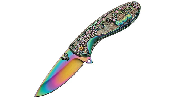 Rainbow Deer in Woods Titanium Assisted Cool Folding Pocket Knife (300428-RB)