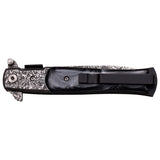 Folded Tac-Force stiletto TF-428DMB showing etched bolsters and black pearl scales with pocket clip.