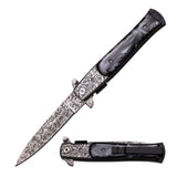 Tac-Force spring assisted stiletto knife with Damascus etched blade and black mother of pearl handle