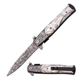 Tac-Force Speedster spring assisted stiletto pocket knife open showing Damascus etched blade and iridescent white mother of pearl handle scales with black pocket clip.