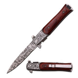 Tac-Force Speedster spring assisted stiletto knife with Damascus etched blade and brown Pakkawood handle.