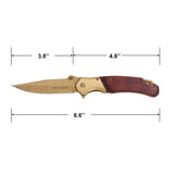 Tac Force Speedster Model spring assisted cool folding pocket knife with gold acid etched and Tinite-coated blade with "Tac Force" engraving and wooden handle's measurements on a white background