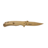 Tac Force Speedster Model spring assisted cool folding pocket knife with gold acid etched and Tinite-coated blade with "Tac Force" engraving and wooden handle on a white background