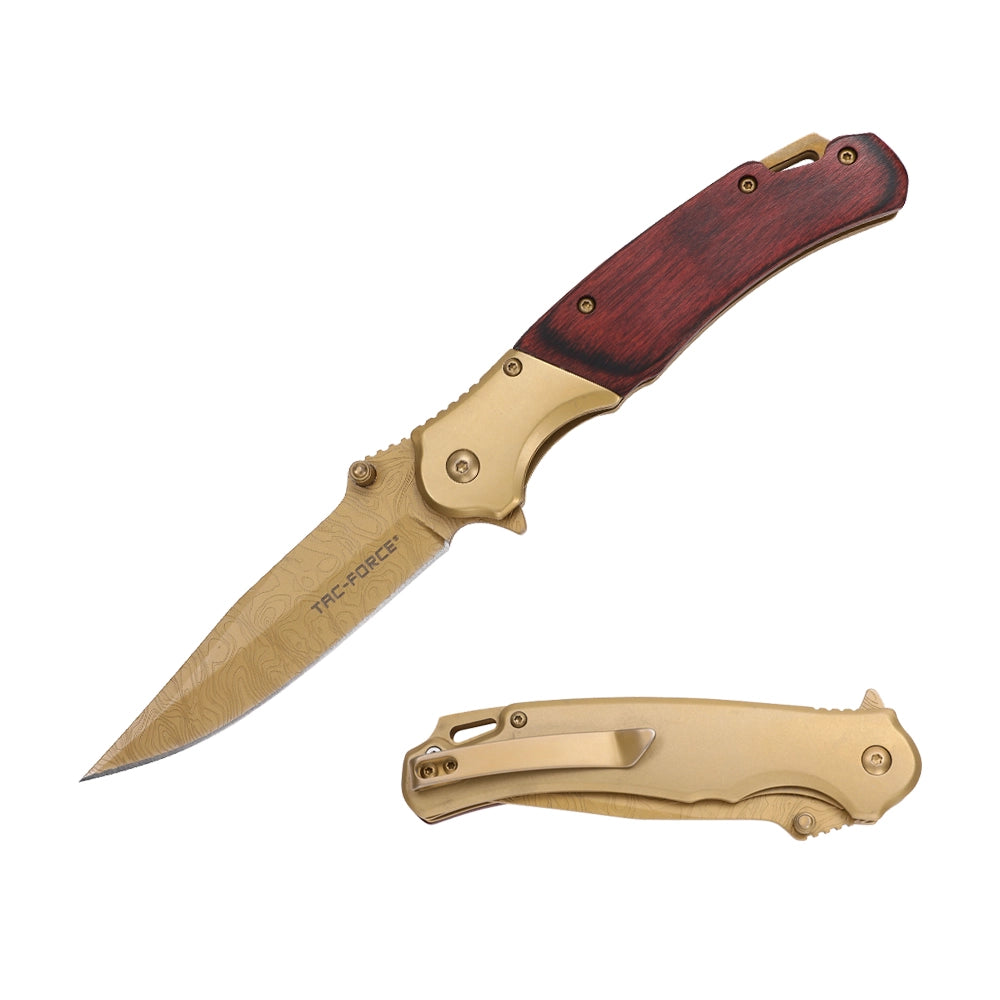 Tac Force Speedster Model Acid Etched Gold & Wood Engraved Cool Pocket