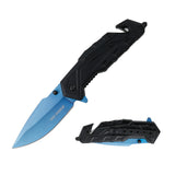 Tac Force Speedster Model cool folding pocket knife with black handle and Tinited-coated blue blade on a white background