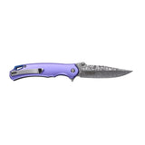 Tac Force Speedster Model Cool Pocket Knife with purple handle and Damascus-style acid etched blade on a white background