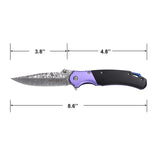 Tac Force Speedster Model Damascus-Style Pattern Purple & Black Pocket Knife's measurements on a white background