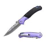 Tac Force Speedster Model Damascus-Style Pattern Pocket Knife with purple and black handle on a white background