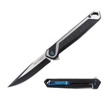 Tac Force Speedster Model modern slim pocket knife with black handle, silver blade, and blue pocket clip on a white background