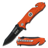 Orange Tac Force Speedster Model EMT pocket knife with black blade and orange handle with "Star of Life" emblem on a white background