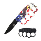 Knuckle duster with American flag design and knife on a white background