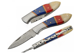 7.25" Damascus Steel USA Flag Folding Pocket Knife for Sale