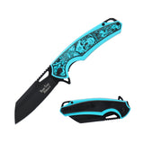 Dark Side Blades DS-A2003B Spring Assisted Knife – Teal Blue 3D Skull Sculpted Handle with Black Wharncliffe Blade - Frontier Blades