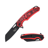 Dark Side Blades DS-A2003R tactical spring assisted folding knife featuring a vibrant crimson red 3D sculpted skull overlay handle and a non-reflective matte black coated wharncliffe steel blade.