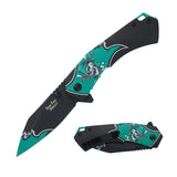 Dark Side Blades Teal Green Pirate Graphic Handle & Black tanto Blade Spring Assisted Knife