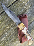 Damascus Folding Stag Handle Pocket Knife w/ Filework