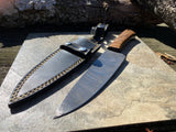 12" Handmade Damascus Steel Kitchen Knife Walnut Wood Handle & Genuine Leather Sheath