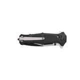 "Closed view of the USMC M-3010BK tactical knife showing the silver pocket clip and heavy-duty glass breaker tip.